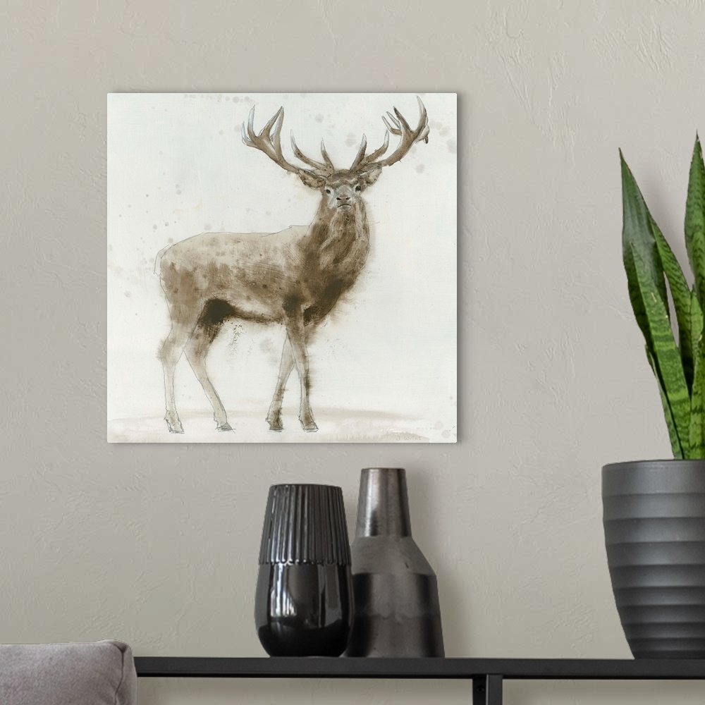 A modern room featuring Contemporary painting of a stag against an off white background.