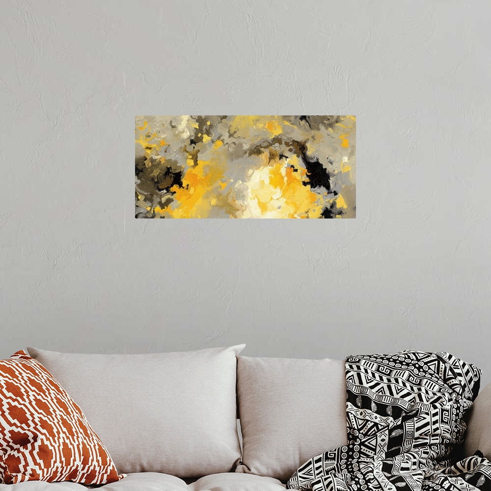 A bohemian room featuring Contemporary abstract painting in yellow and black.