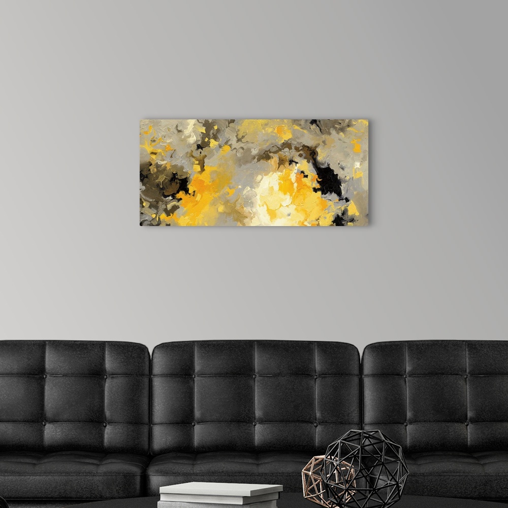 A modern room featuring Contemporary abstract painting in yellow and black.