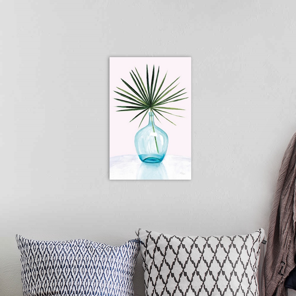 A bohemian room featuring Vertical contemporary painting of a palm leaf in a glass vase.