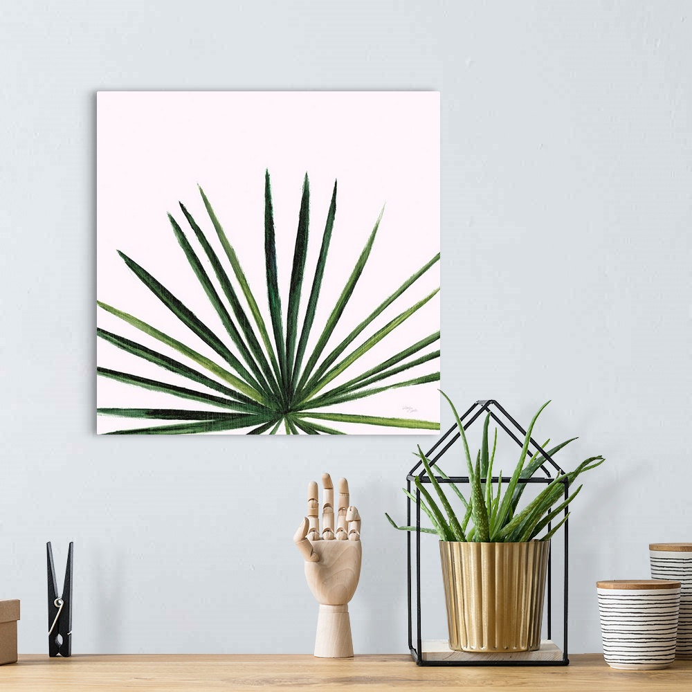 A bohemian room featuring Square contemporary painting of a close up of a palm leaf on white background.