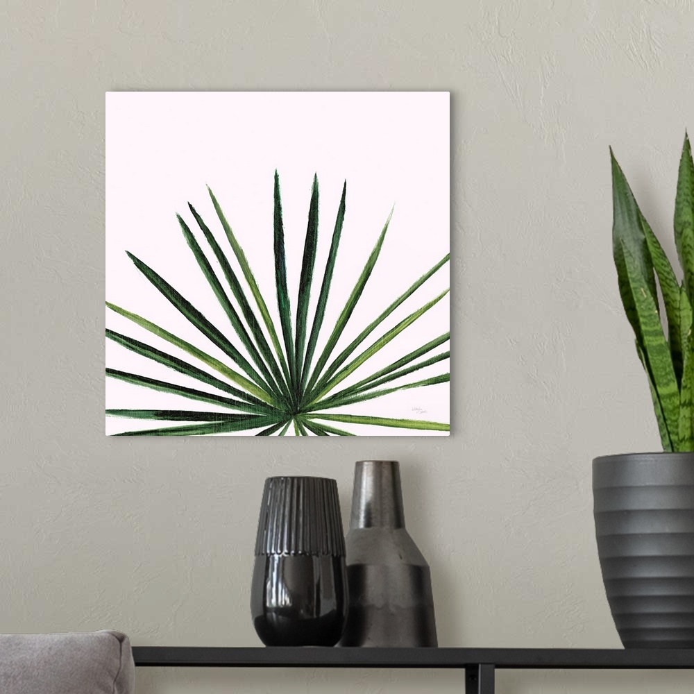 A modern room featuring Square contemporary painting of a close up of a palm leaf on white background.