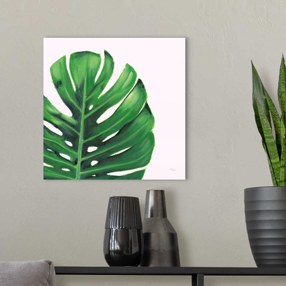 A modern room featuring Square contemporary painting of a close up of a palm leaf on white background.