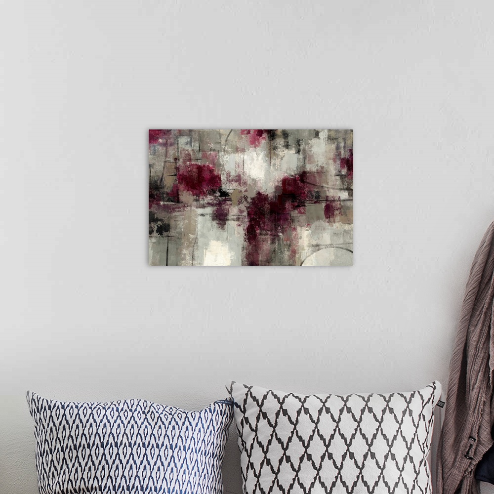 A bohemian room featuring Abstract painting with dry brush strokes and patches of maroons on a neutral textured background.