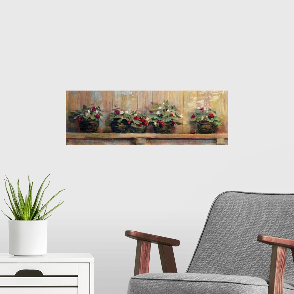 A modern room featuring Long canvas painting of strawberry plants in pots on a wooden shelf.