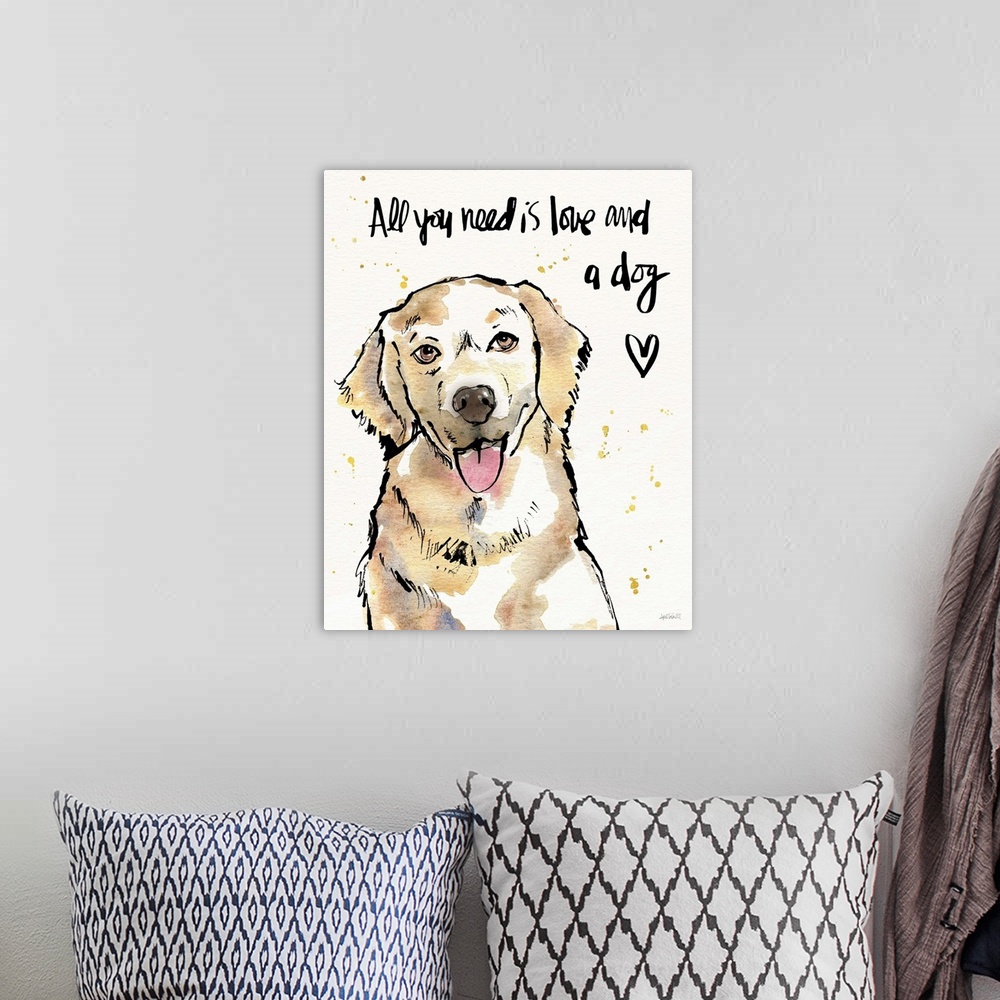 A bohemian room featuring "All You Need is Love and a Dog" watercolor painting of a Golden Retriever.