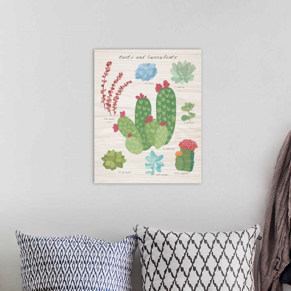A bohemian room featuring Decorative artwork of different types of succulents and cacti with labels on a faux wood background.
