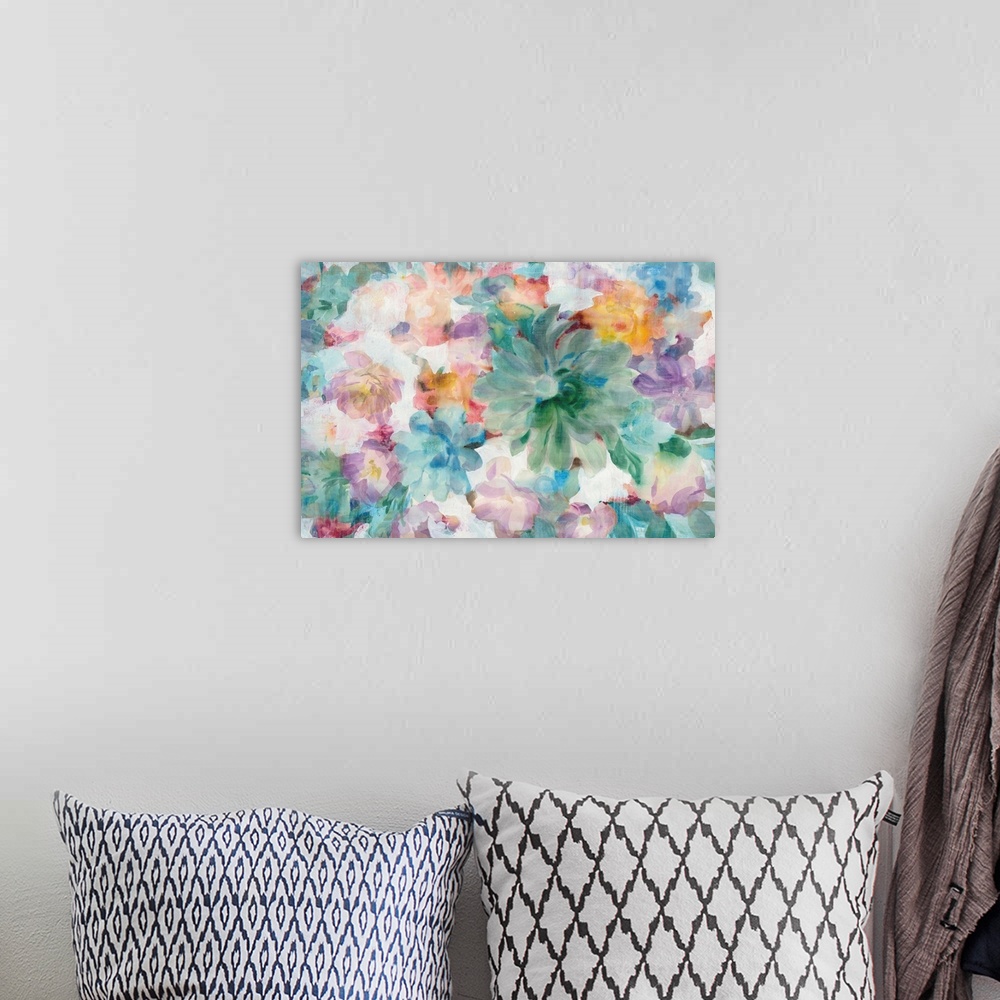 A bohemian room featuring Abstract painting of a mixture of flowers and succulents  on a white background.