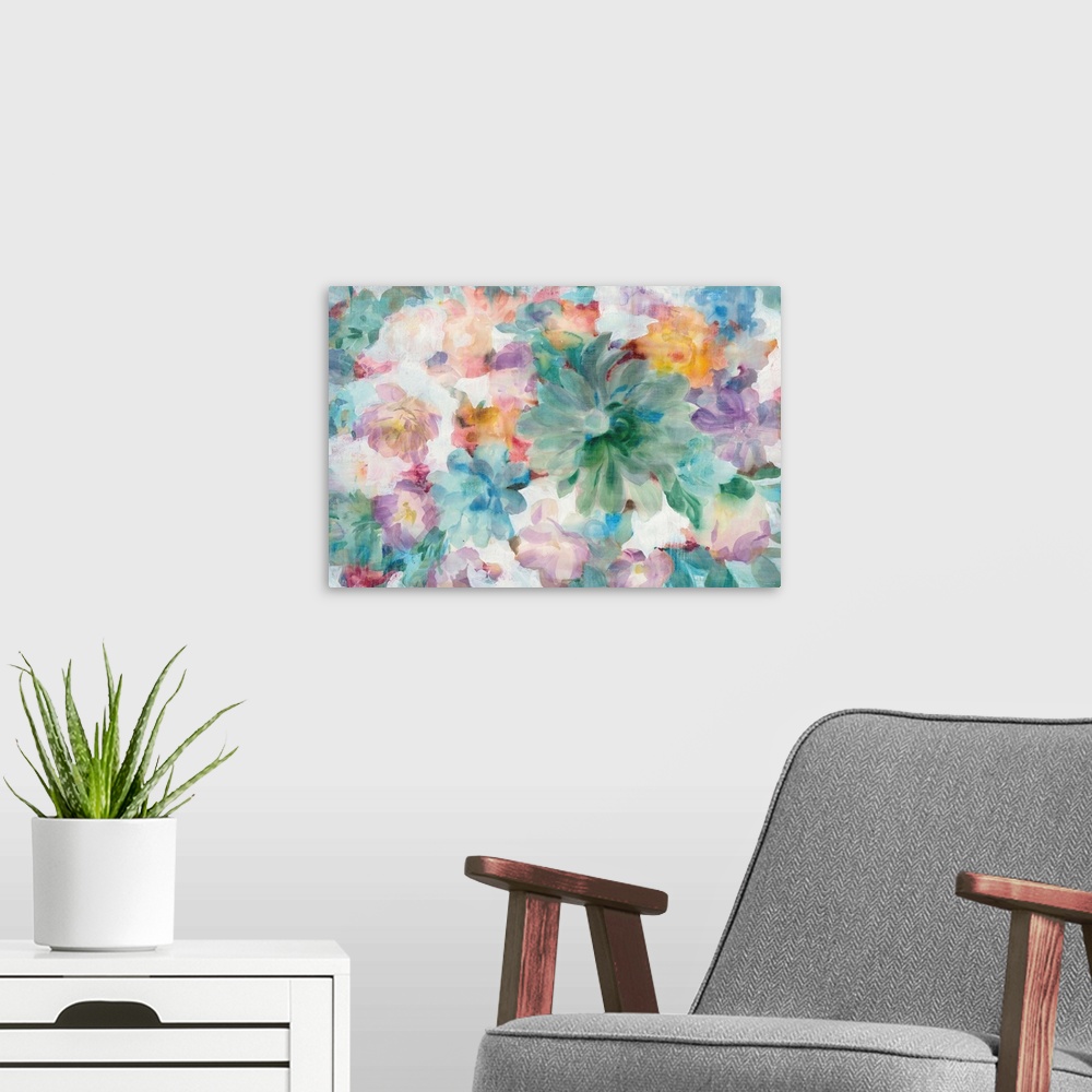 A modern room featuring Abstract painting of a mixture of flowers and succulents  on a white background.