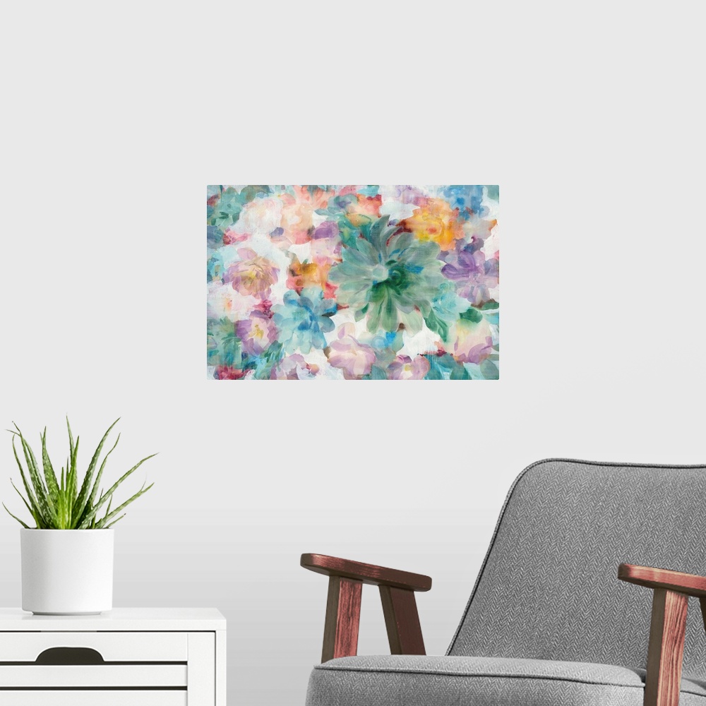 A modern room featuring Abstract painting of a mixture of flowers and succulents  on a white background.