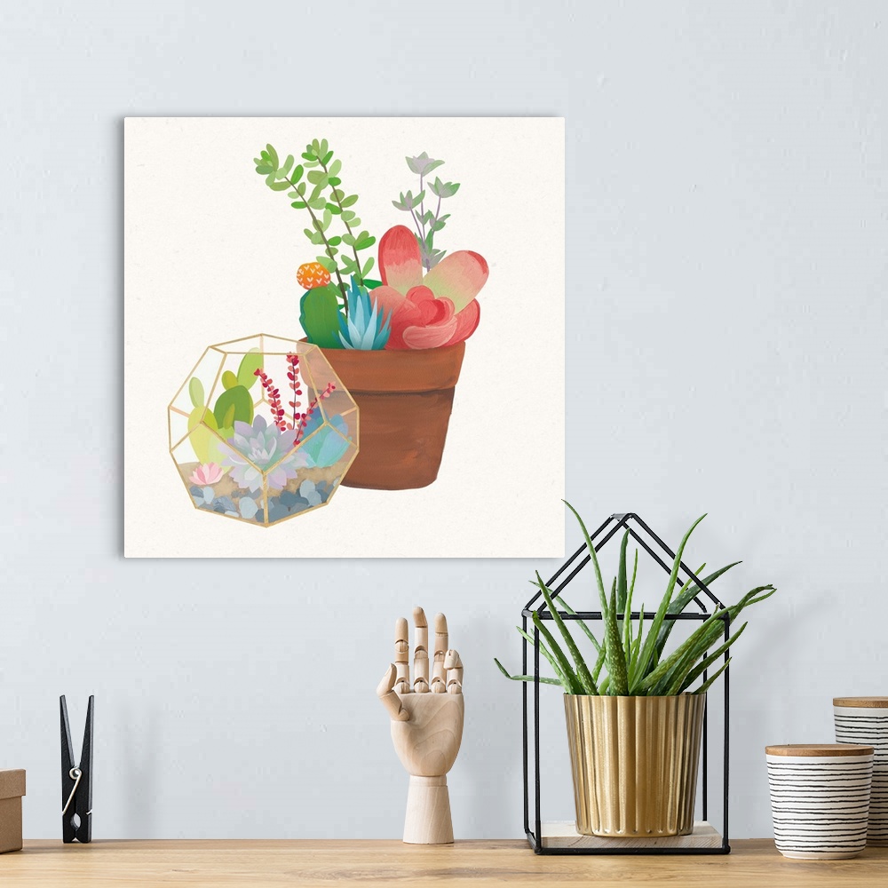 A bohemian room featuring Illustration of a potted cactus and succulents in a glass terrarium.
