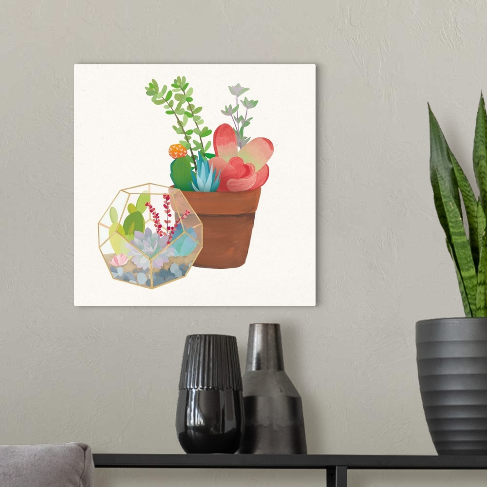 A modern room featuring Illustration of a potted cactus and succulents in a glass terrarium.
