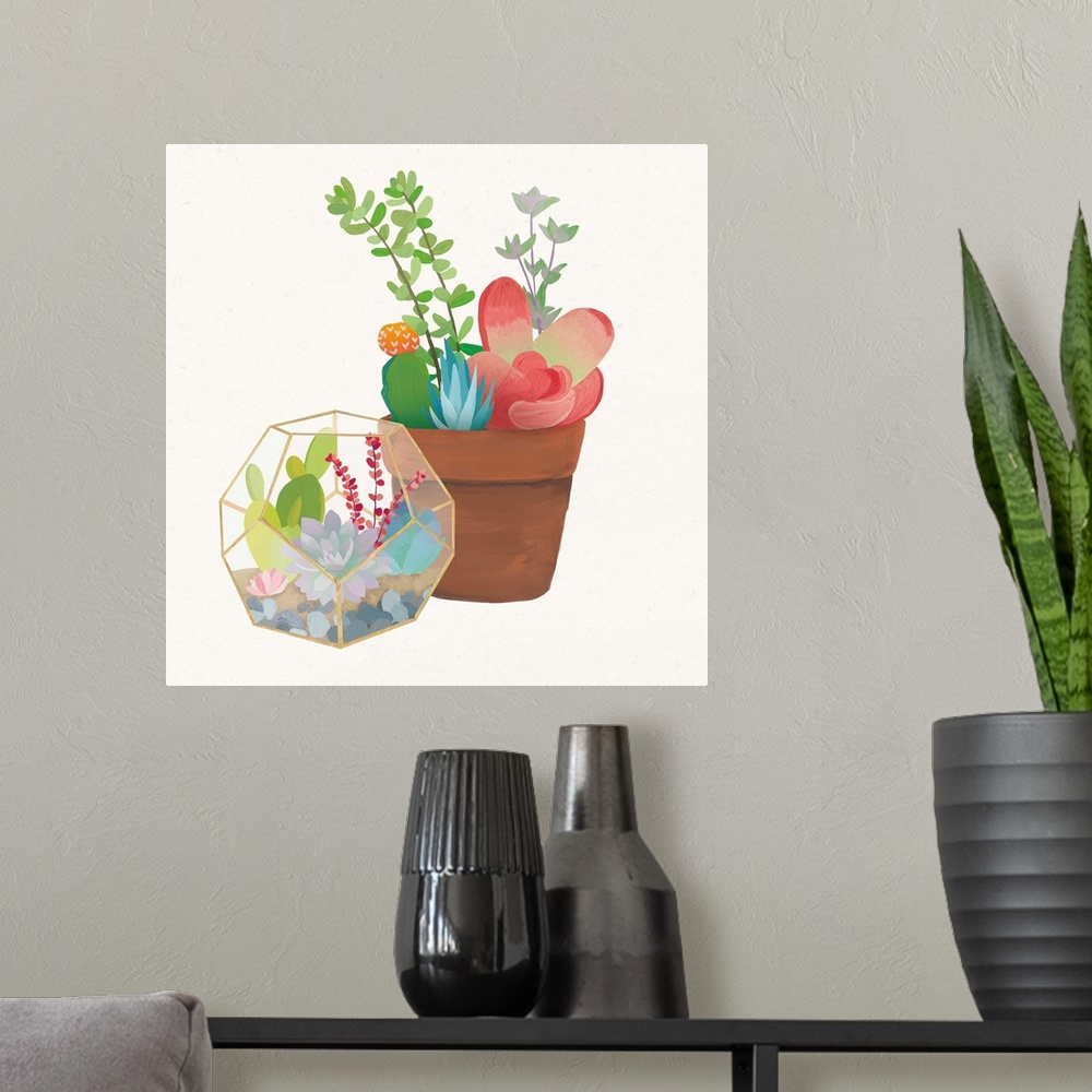 A modern room featuring Illustration of a potted cactus and succulents in a glass terrarium.