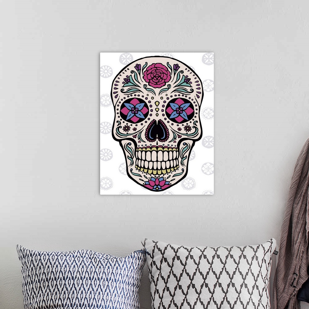 A bohemian room featuring Contemporary colorful artwork of a sugar skull with elaborate designs against a patterned backgro...