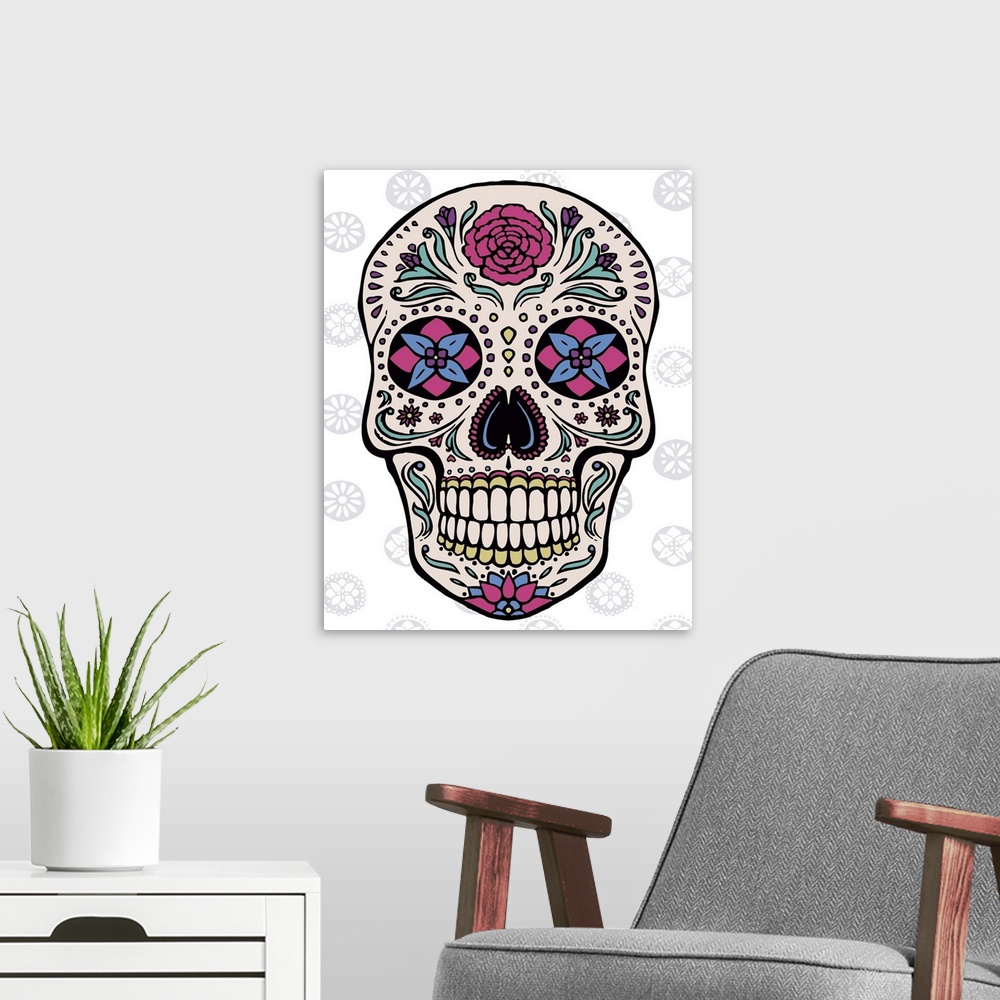 A modern room featuring Contemporary colorful artwork of a sugar skull with elaborate designs against a patterned backgro...