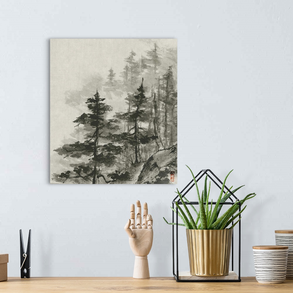 A bohemian room featuring Contemporary ink painting of a forest shrouded in fog.