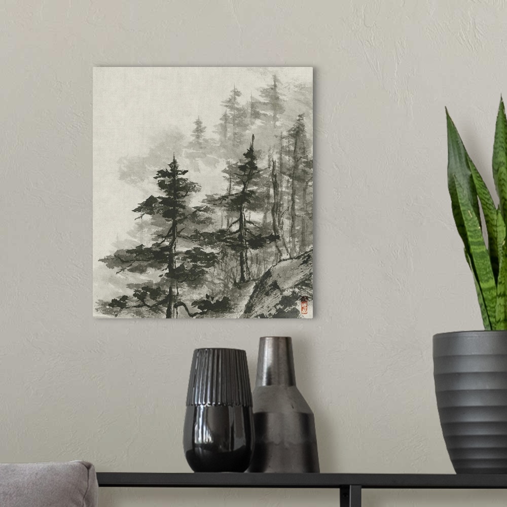A modern room featuring Contemporary ink painting of a forest shrouded in fog.