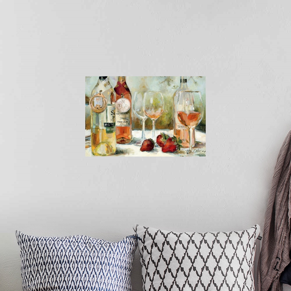 A bohemian room featuring Decorative art for the kitchen a still life painting of three rose and white wines on a table wit...
