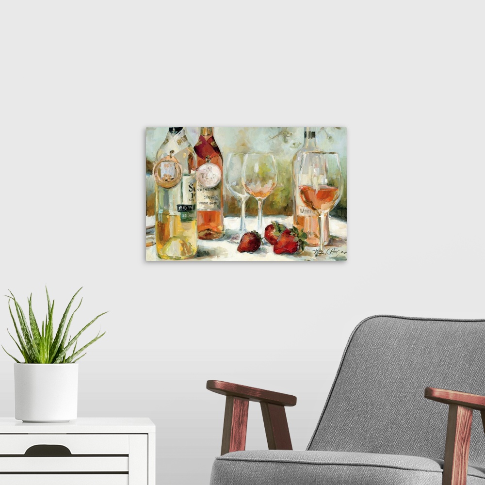 A modern room featuring Decorative art for the kitchen a still life painting of three rose and white wines on a table wit...