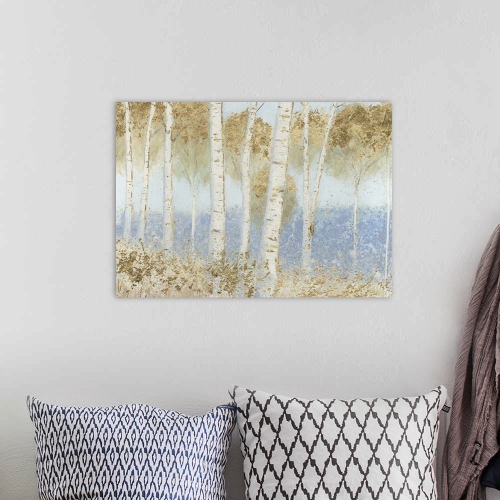 A bohemian room featuring Contemporary painting of a woodland scene of birch trees in a forest.