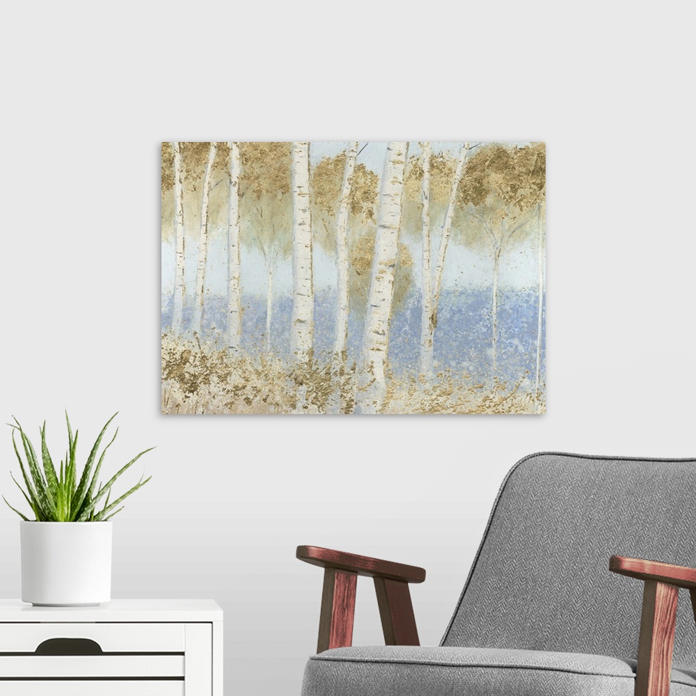 A modern room featuring Contemporary painting of a woodland scene of birch trees in a forest.