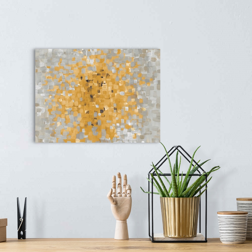 A bohemian room featuring Contemporary abstract artwork made up of short brush strokes of gray and yellow.