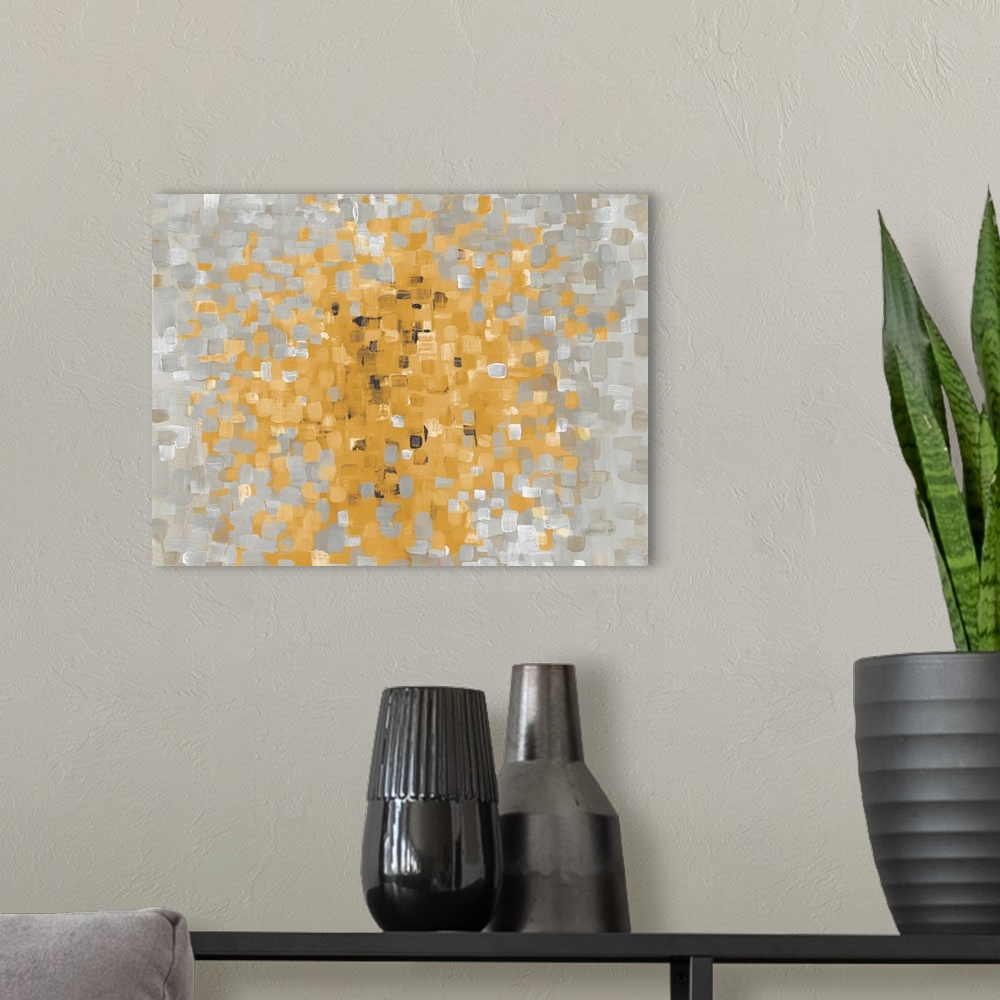 A modern room featuring Contemporary abstract artwork made up of short brush strokes of gray and yellow.