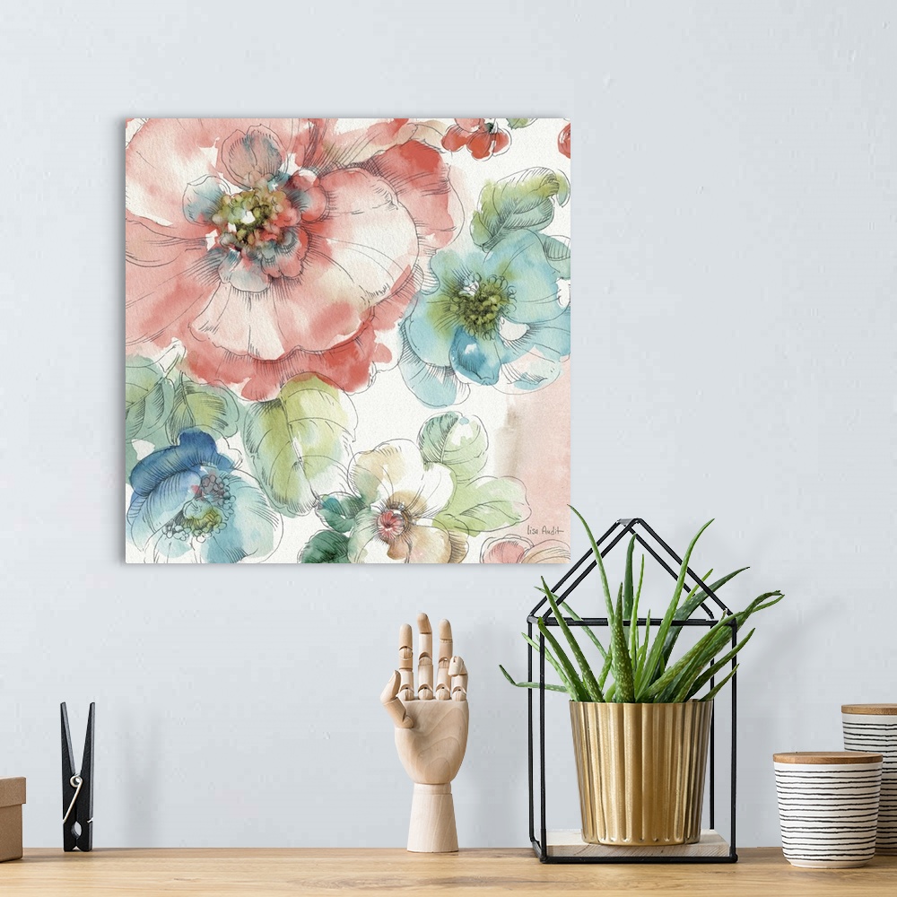 A bohemian room featuring Contemporary watercolor artwork of big beautiful flowers against a white background.