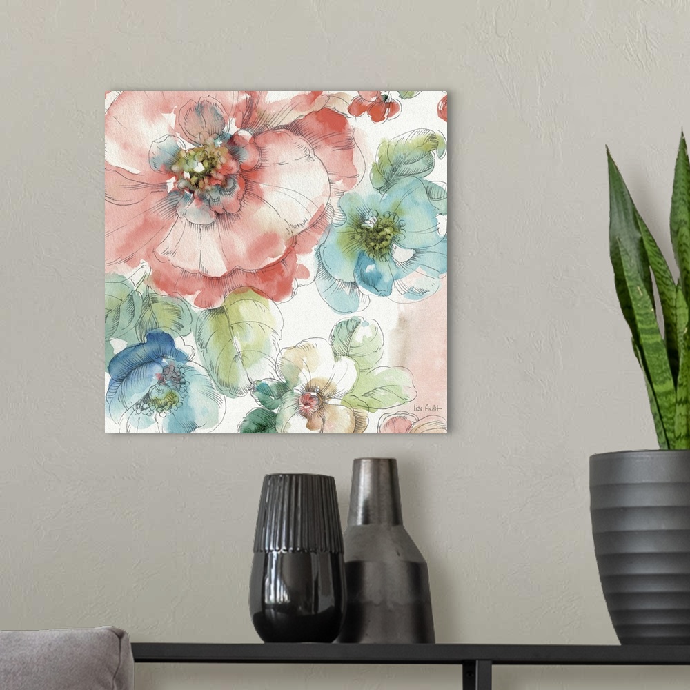A modern room featuring Contemporary watercolor artwork of big beautiful flowers against a white background.