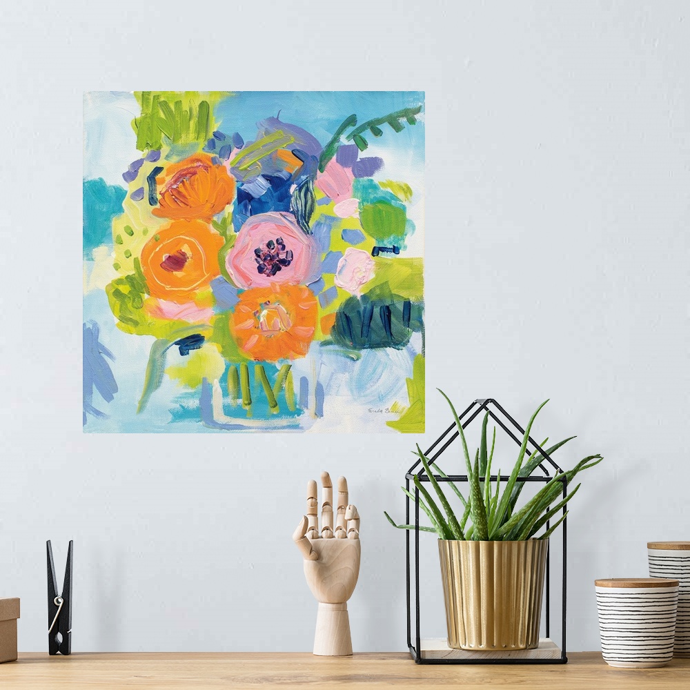 A bohemian room featuring Square painting of a bouquet of abstract Summer flowers in a vase on a background in shades of bl...