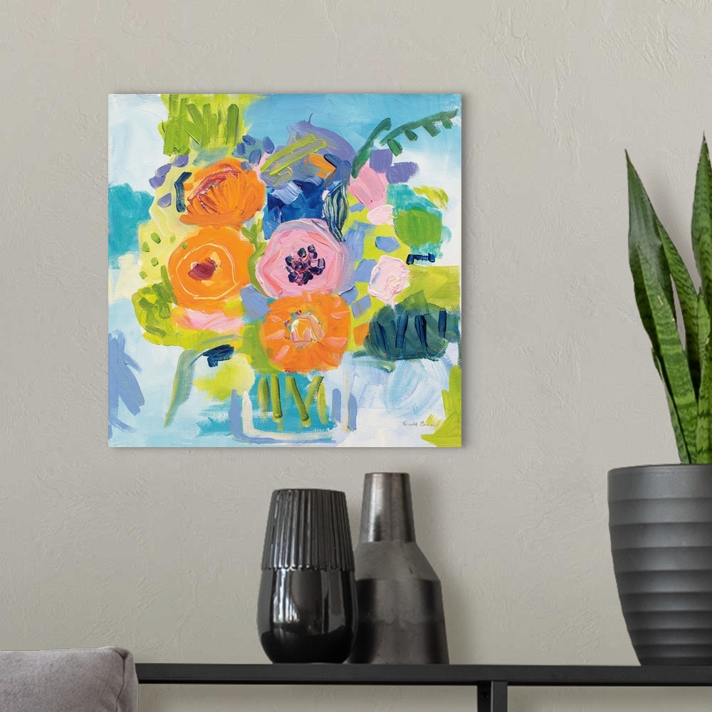 A modern room featuring Square painting of a bouquet of abstract Summer flowers in a vase on a background in shades of bl...