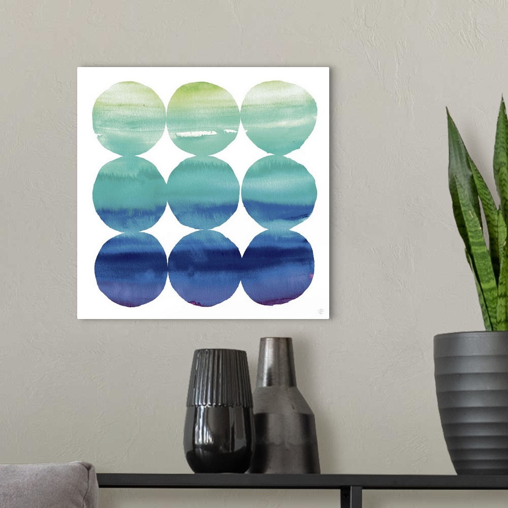 A modern room featuring Nine watercolor circles in blue and green tones.