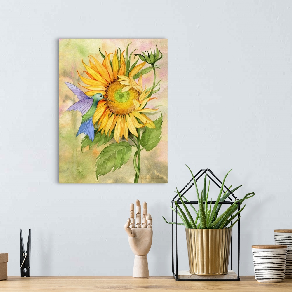 A bohemian room featuring A vertical watercolor painting of a hummingbird at a large sunflower bloom with a muted multi-col...