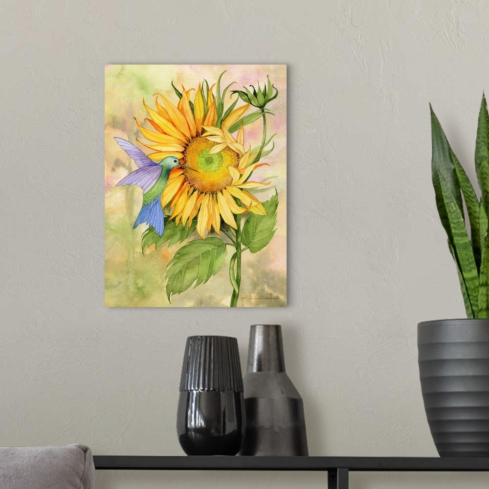 A modern room featuring A vertical watercolor painting of a hummingbird at a large sunflower bloom with a muted multi-col...
