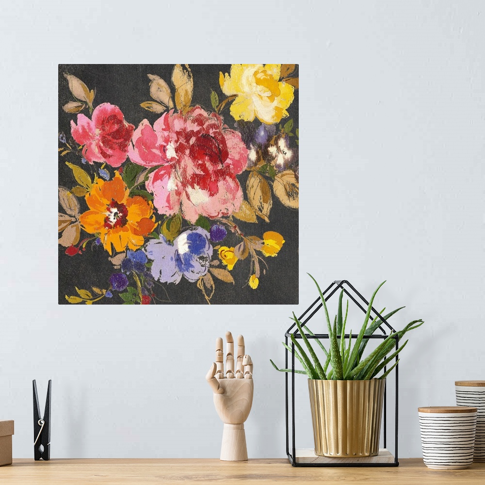 A bohemian room featuring Vibrant floral artwork on a black square background.