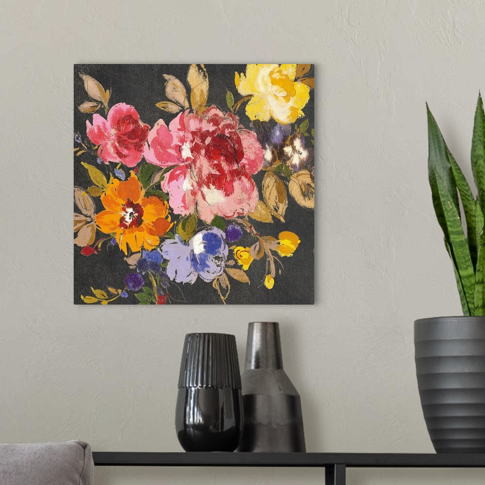 A modern room featuring Vibrant floral artwork on a black square background.