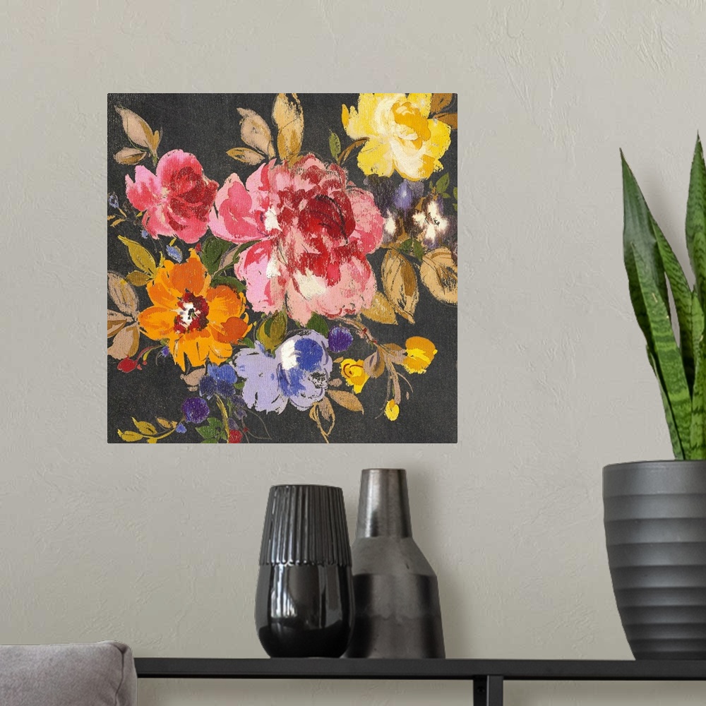 A modern room featuring Vibrant floral artwork on a black square background.