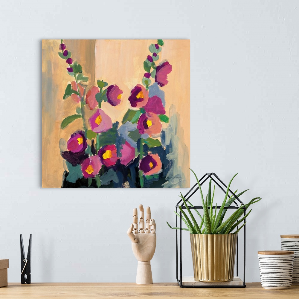 A bohemian room featuring An abstracted floral painting in an impressionist style - simple blocks of pink and orange make u...