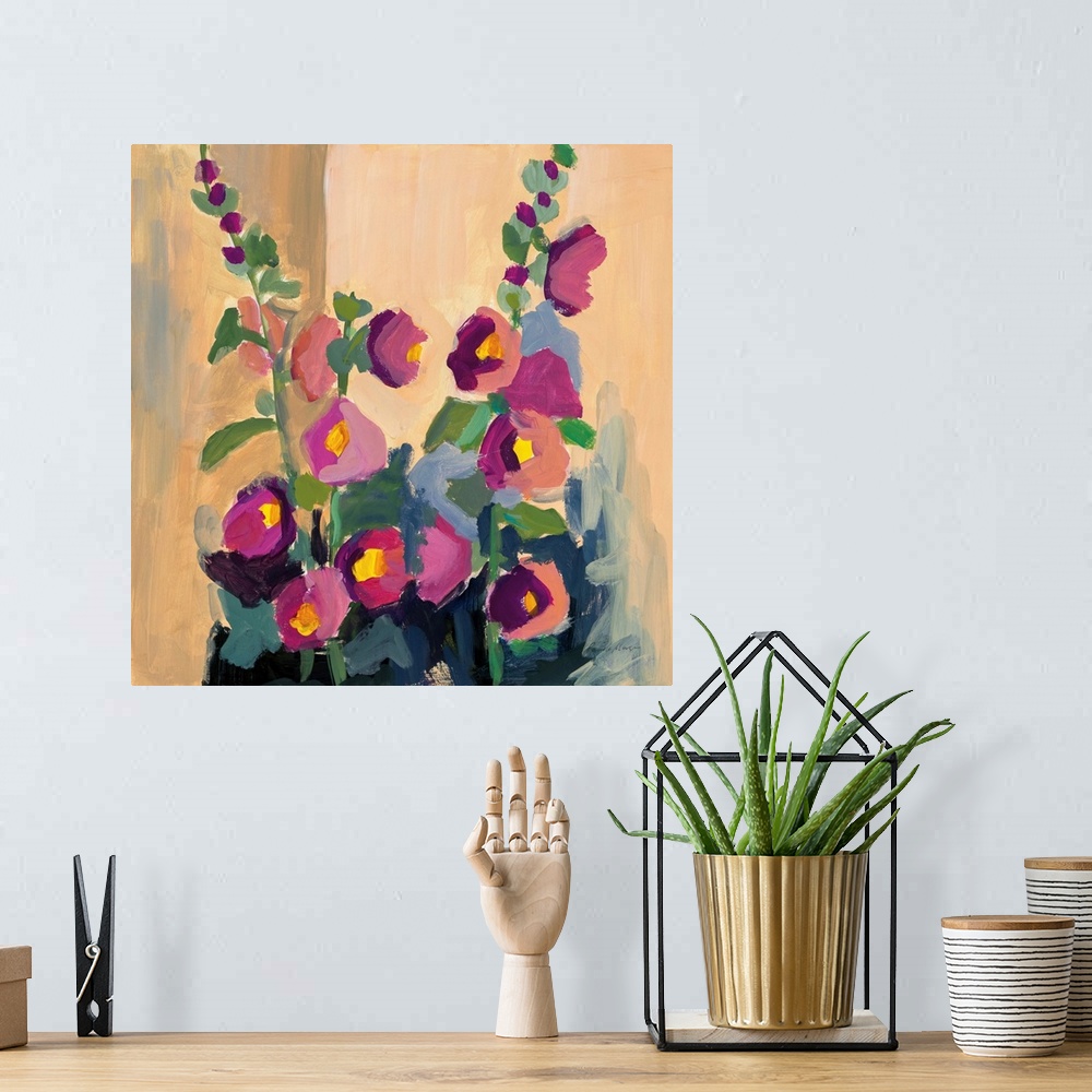 A bohemian room featuring An abstracted floral painting in an impressionist style - simple blocks of pink and orange make u...