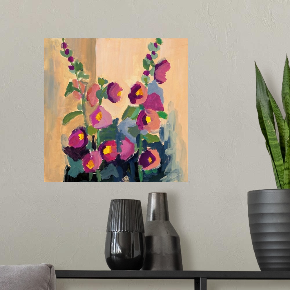 A modern room featuring An abstracted floral painting in an impressionist style - simple blocks of pink and orange make u...