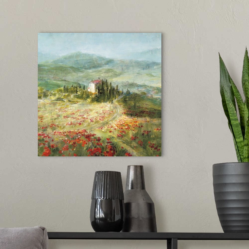 A modern room featuring Contemporary landscape painting of a small farm house in the French countryside.