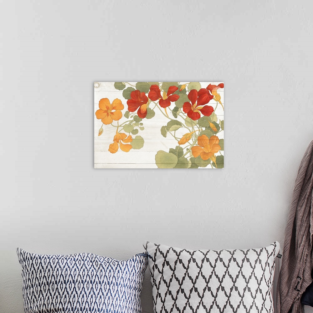 A bohemian room featuring Large contemporary painting of orange and red flowers with muted green leaves on a white wood pan...