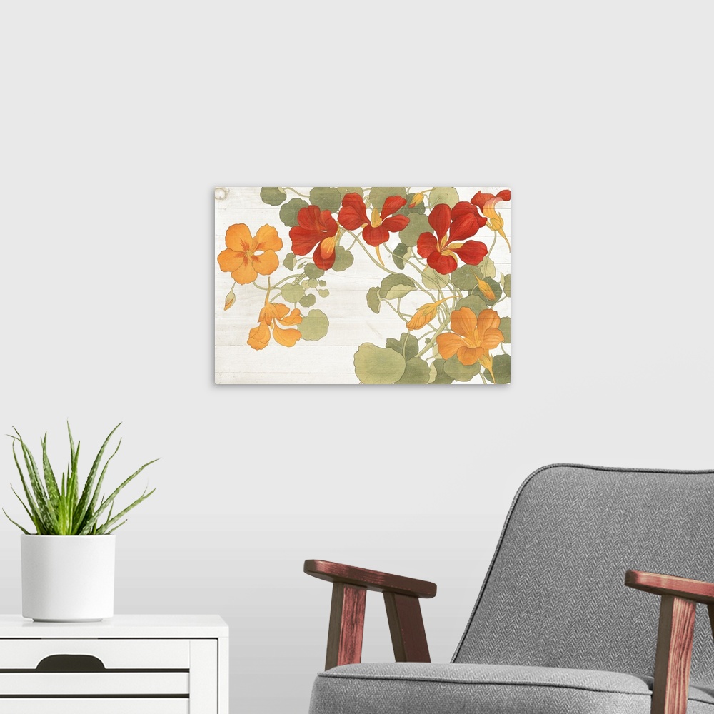 A modern room featuring Large contemporary painting of orange and red flowers with muted green leaves on a white wood pan...