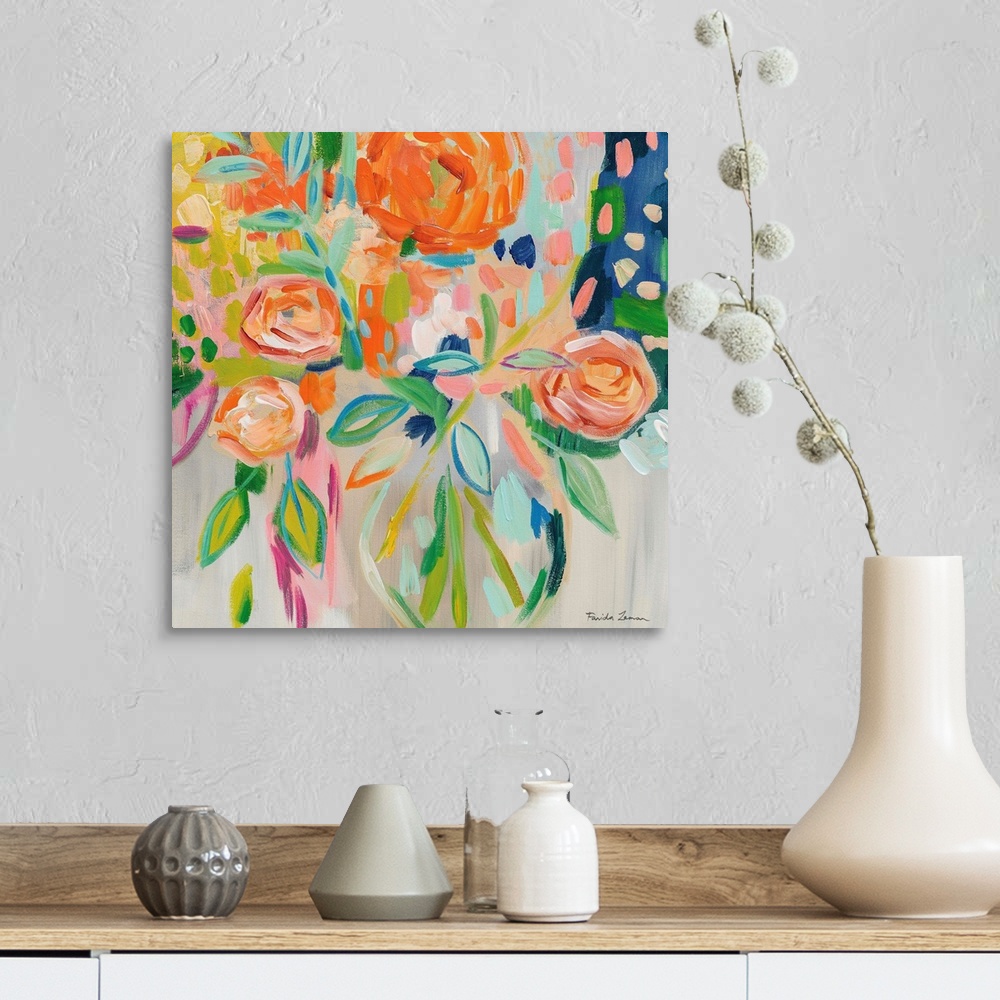 A farmhouse room featuring Abstract square painting of a bouquet of flowers in bold shades of orange.