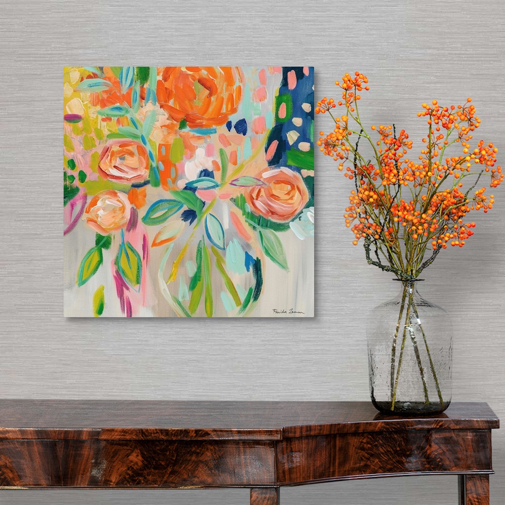 A traditional room featuring Abstract square painting of a bouquet of flowers in bold shades of orange.