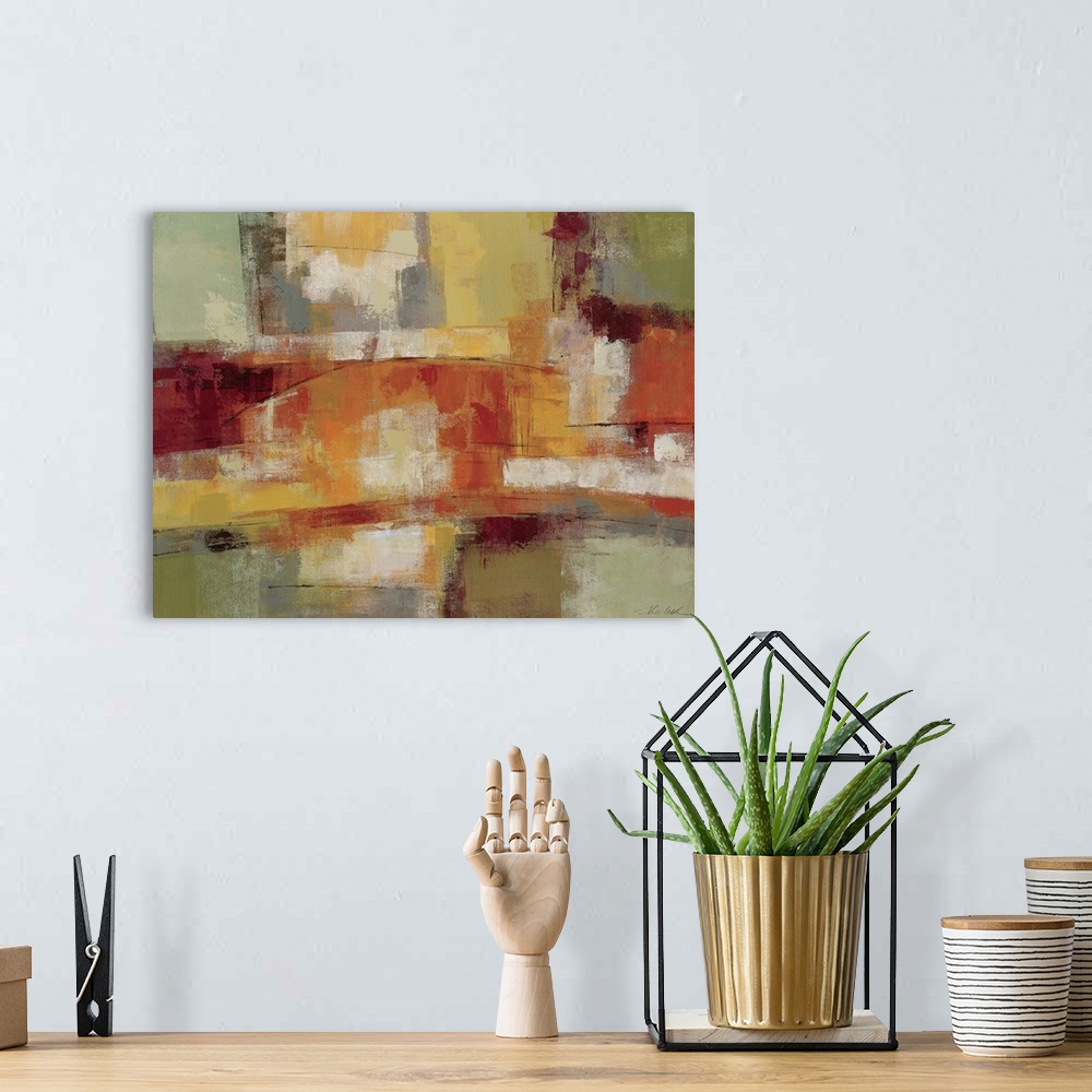 A bohemian room featuring Wall art, gicloe print of a contemporary painting that was created by layering paint textures wit...