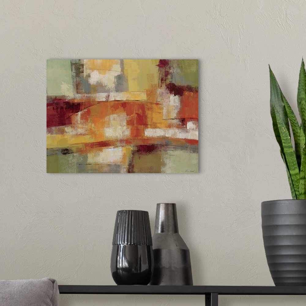 A modern room featuring Wall art, gicloe print of a contemporary painting that was created by layering paint textures wit...