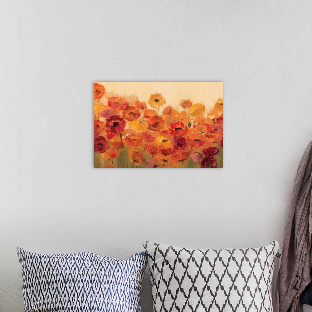 A bohemian room featuring Large painting of poppy flowers in bloom. The poppies are depicted in vibrant, warm tones.