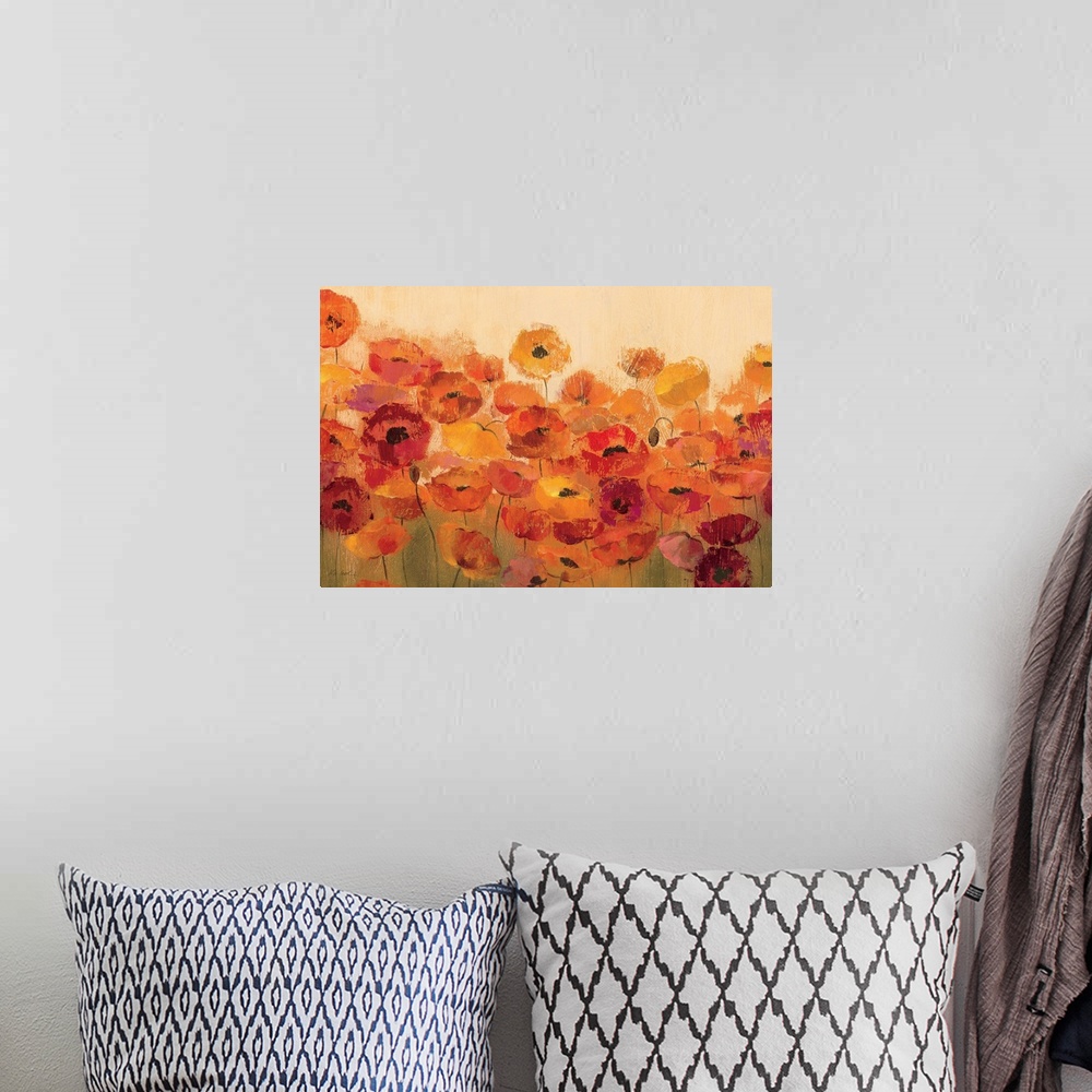 A bohemian room featuring Large painting of poppy flowers in bloom. The poppies are depicted in vibrant, warm tones.