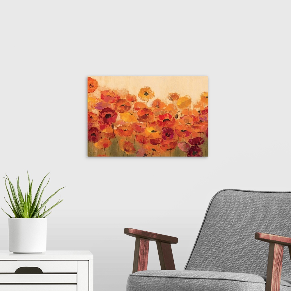 A modern room featuring Large painting of poppy flowers in bloom. The poppies are depicted in vibrant, warm tones.